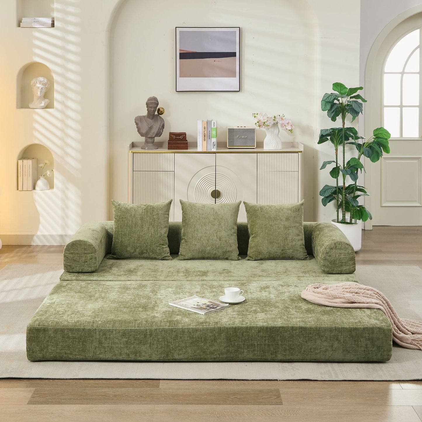 Canapé-lit convertible confortable et pliable, canapé-lit de sol, canapé de sol en chenille avec accoudoirs, canapé de salon