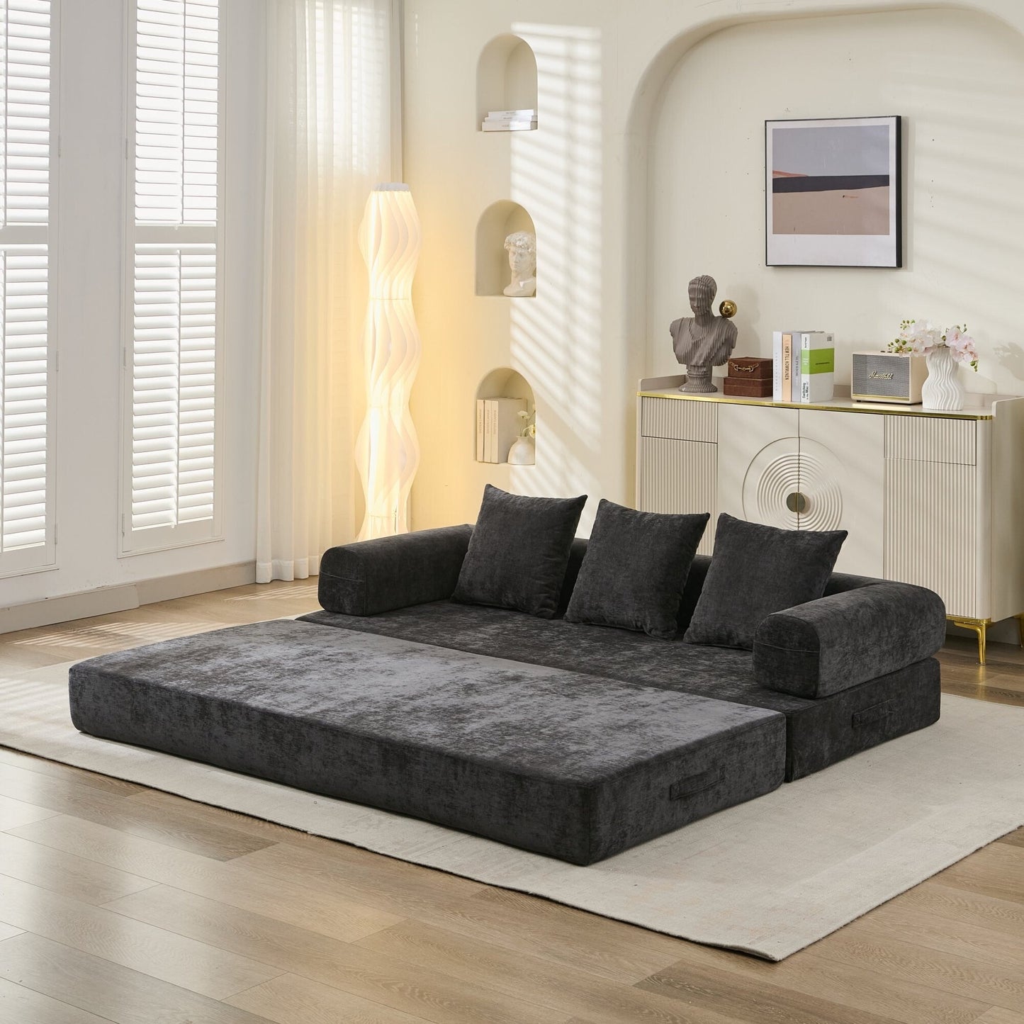 Canapé-lit convertible confortable et pliable, canapé-lit de sol, canapé de sol en chenille avec accoudoirs, canapé de salon