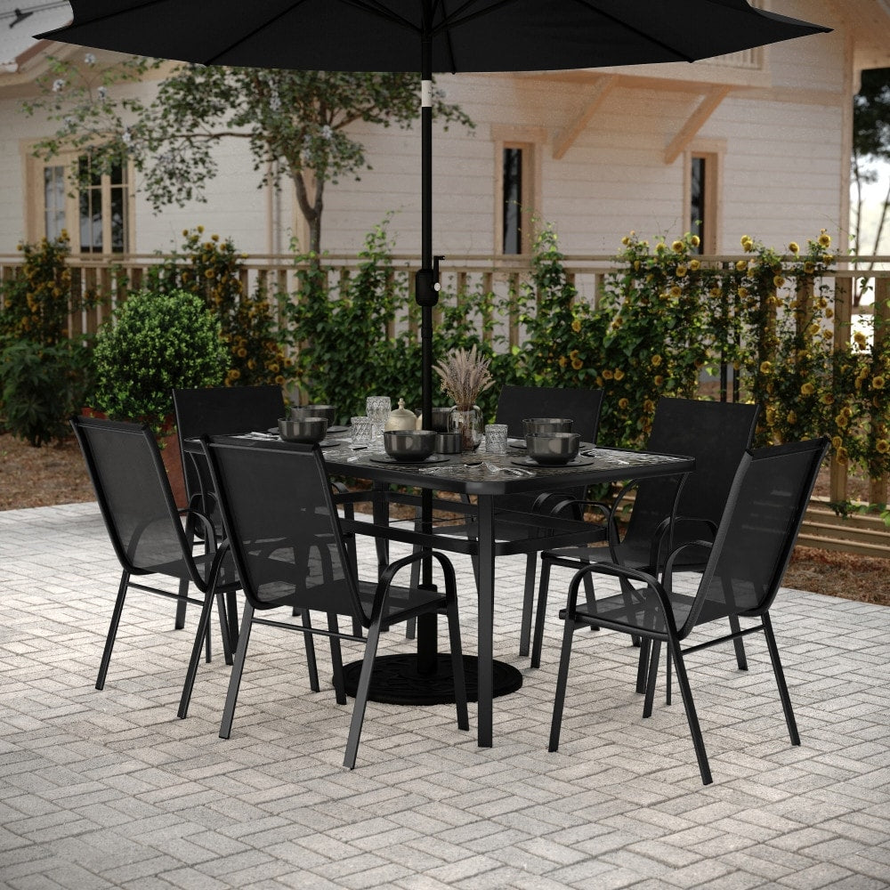 Ensemble de salle à manger d'extérieur commercial 7 pièces avec table en verre et 6 chaises
