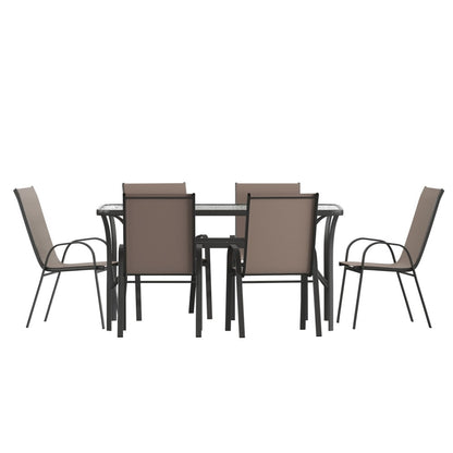 Ensemble de salle à manger d'extérieur commercial 7 pièces avec table en verre et 6 chaises