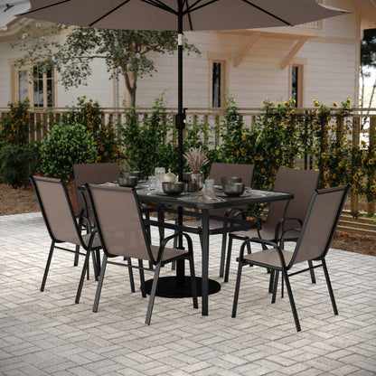 Ensemble de salle à manger d'extérieur commercial 7 pièces avec table en verre et 6 chaises
