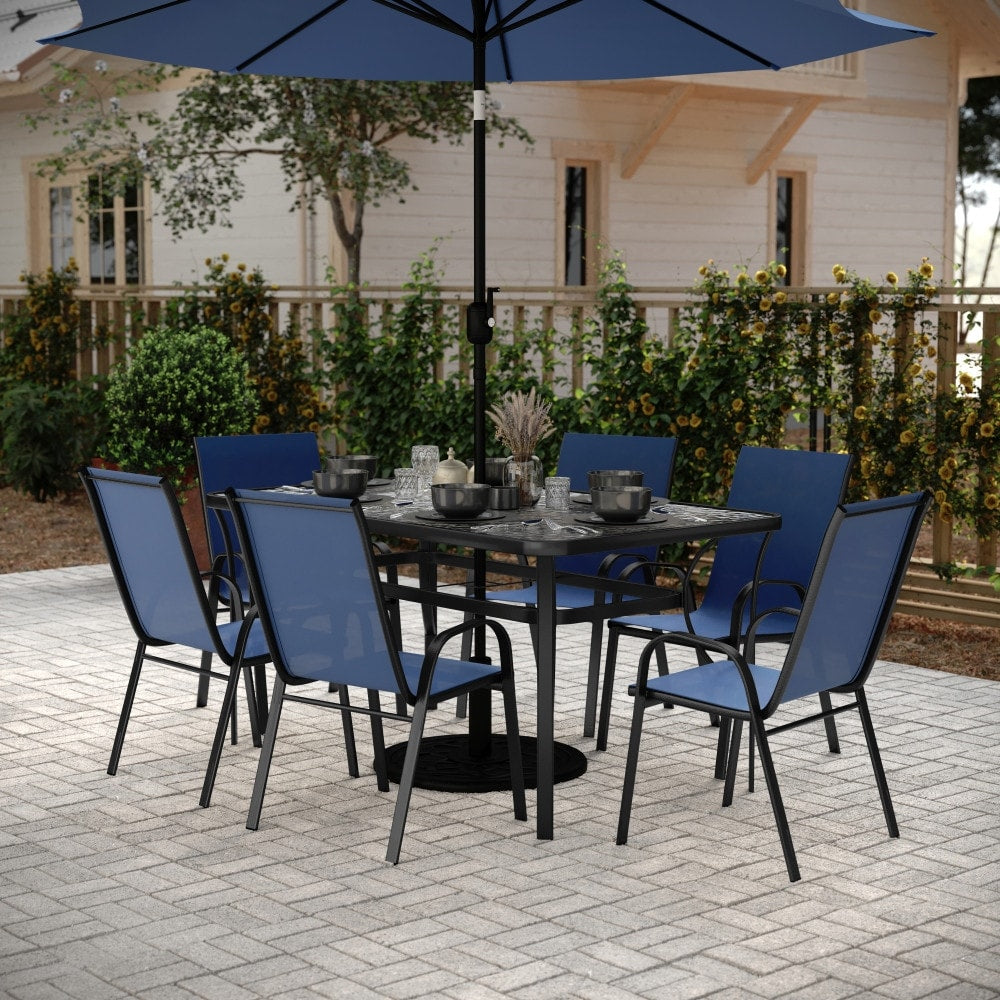 Ensemble de salle à manger d'extérieur commercial 7 pièces avec table en verre et 6 chaises