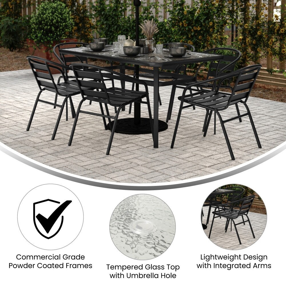 Ensemble de salle à manger de patio commercial avec table en verre trempé et 6 chaises