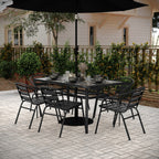 Ensemble de salle à manger de patio commercial avec table en verre trempé et 6 chaises