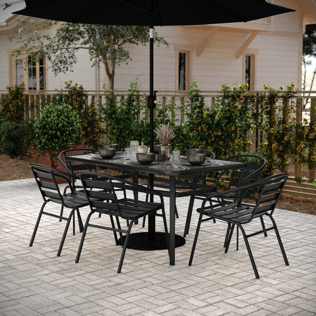 Ensemble de salle à manger de patio commercial avec table en verre trempé et 6 chaises