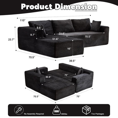 Canapé sectionnel à compression avec méridienne en forme de L, siège profond, convertible modulaire pour salon, chambre à coucher, velours côtelé