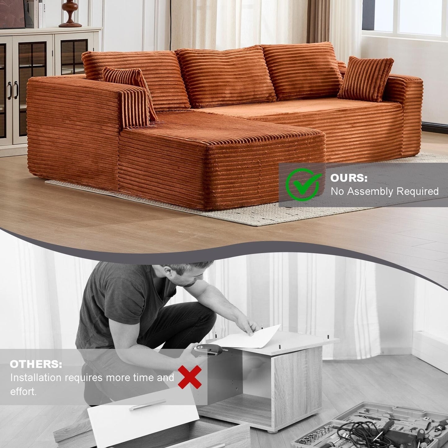 Canapé sectionnel à compression avec méridienne en forme de L, siège profond, convertible modulaire pour salon, chambre à coucher, velours côtelé