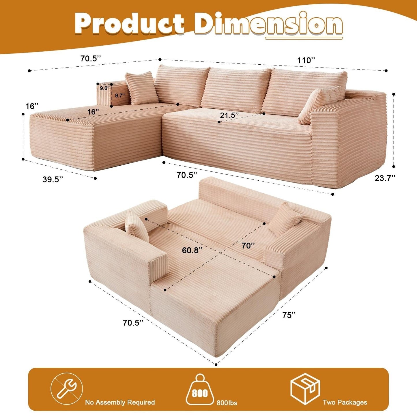 Canapé sectionnel à compression avec méridienne en forme de L, siège profond, convertible modulaire pour salon, chambre à coucher, velours côtelé