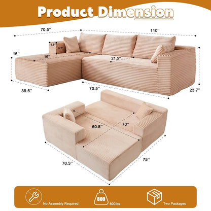 Canapé sectionnel à compression avec méridienne en forme de L, siège profond, convertible modulaire pour salon, chambre à coucher, velours côtelé