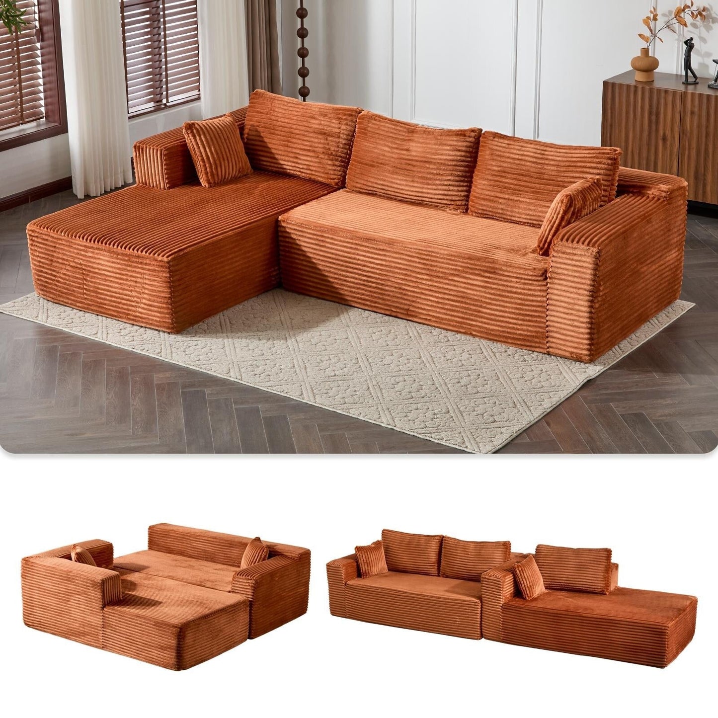 Canapé sectionnel à compression avec méridienne en forme de L, siège profond, convertible modulaire pour salon, chambre à coucher, velours côtelé