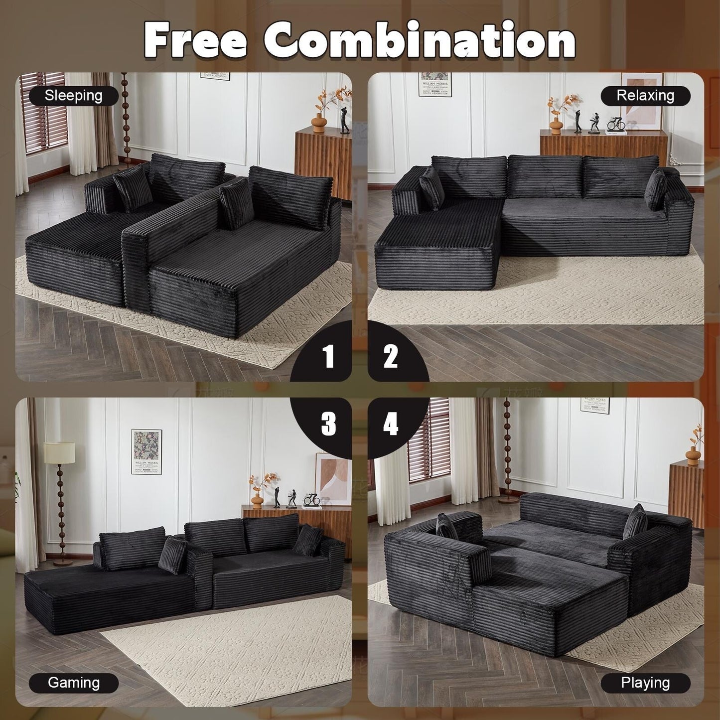 Canapé sectionnel à compression avec méridienne en forme de L, siège profond, convertible modulaire pour salon, chambre à coucher, velours côtelé