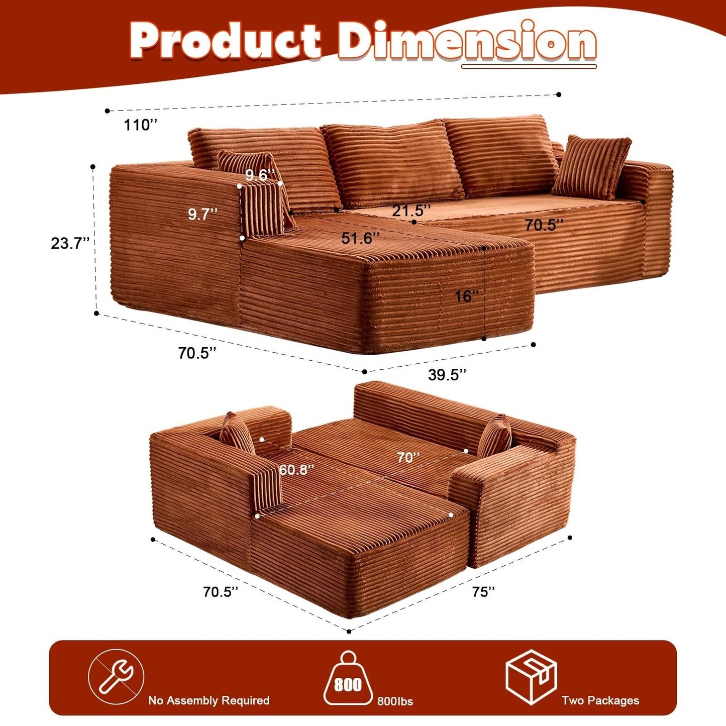 Canapé sectionnel à compression avec méridienne en forme de L, siège profond, convertible modulaire pour salon, chambre à coucher, velours côtelé