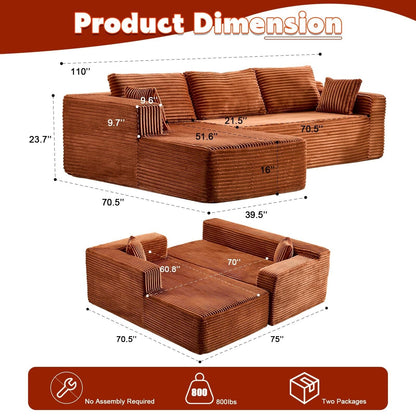 Canapé sectionnel à compression avec méridienne en forme de L, siège profond, convertible modulaire pour salon, chambre à coucher, velours côtelé
