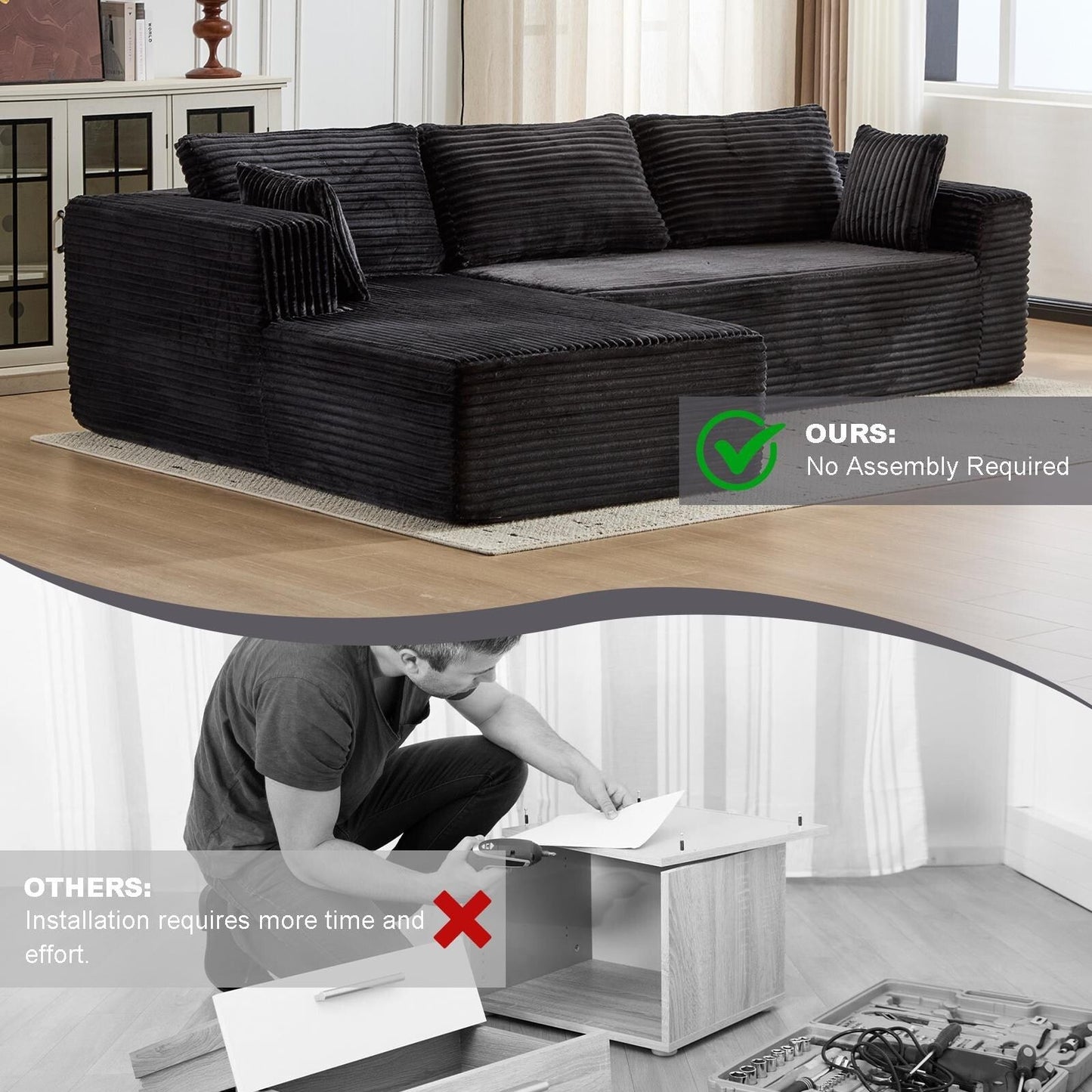 Canapé sectionnel à compression avec méridienne en forme de L, siège profond, convertible modulaire pour salon, chambre à coucher, velours côtelé