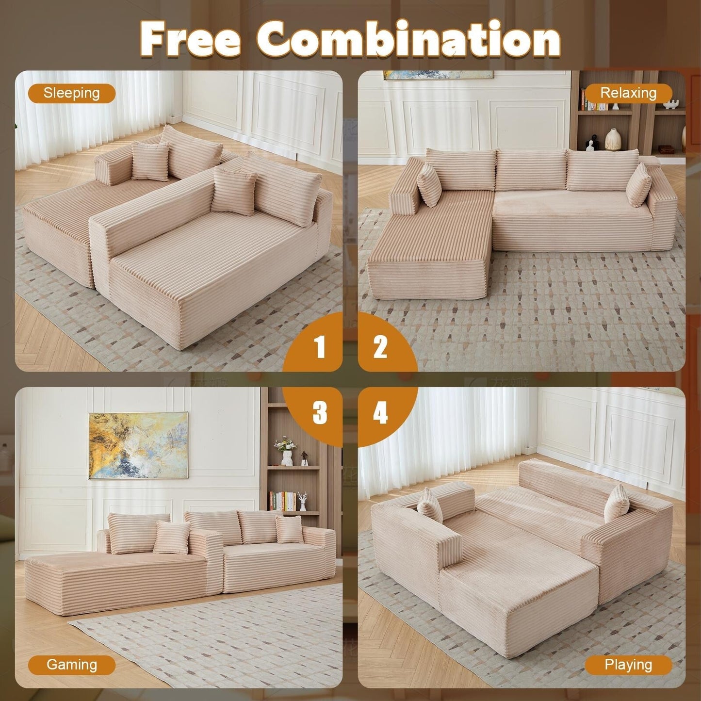 Canapé sectionnel à compression avec méridienne en forme de L, siège profond, convertible modulaire pour salon, chambre à coucher, velours côtelé
