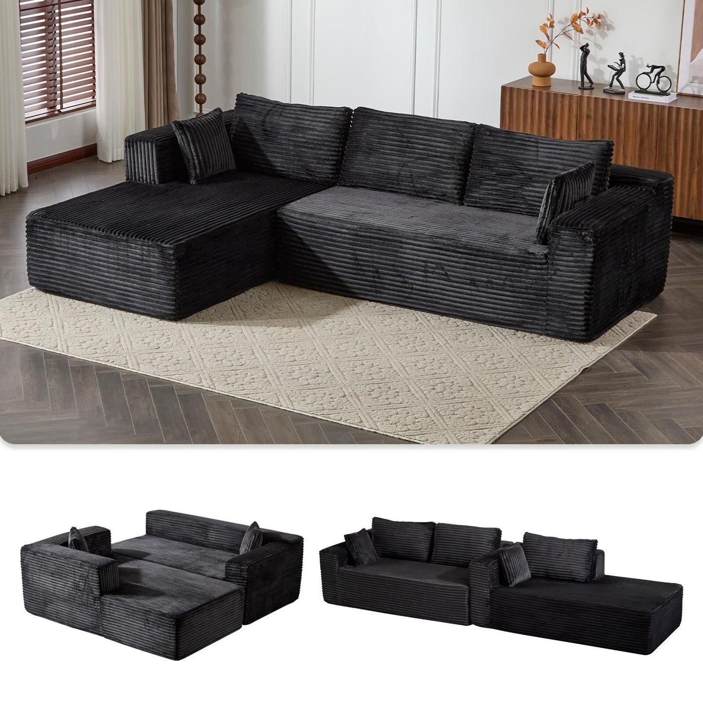 Canapé sectionnel à compression avec méridienne en forme de L, siège profond, convertible modulaire pour salon, chambre à coucher, velours côtelé