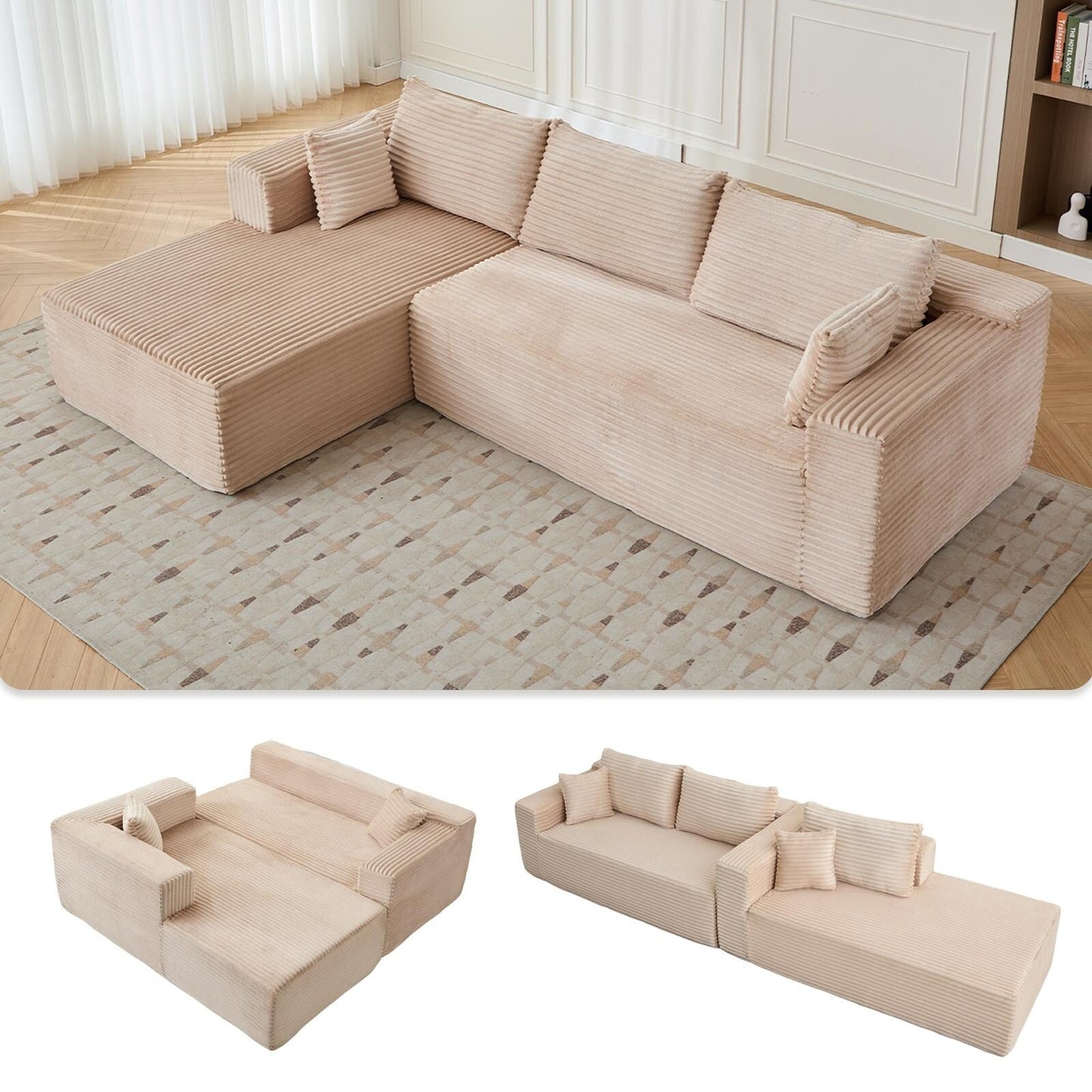 Canapé sectionnel à compression avec méridienne en forme de L, siège profond, convertible modulaire pour salon, chambre à coucher, velours côtelé