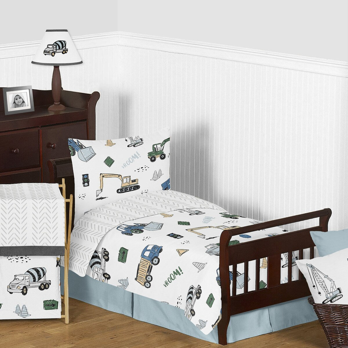 Ensemble de couette 5 pièces pour tout-petit, collection camion de construction, gris, jaune, noir, bleu et vert, motif chevron et flèche