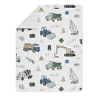 Ensemble de couette 5 pièces pour tout-petit, collection camion de construction, gris, jaune, noir, bleu et vert, motif chevron et flèche