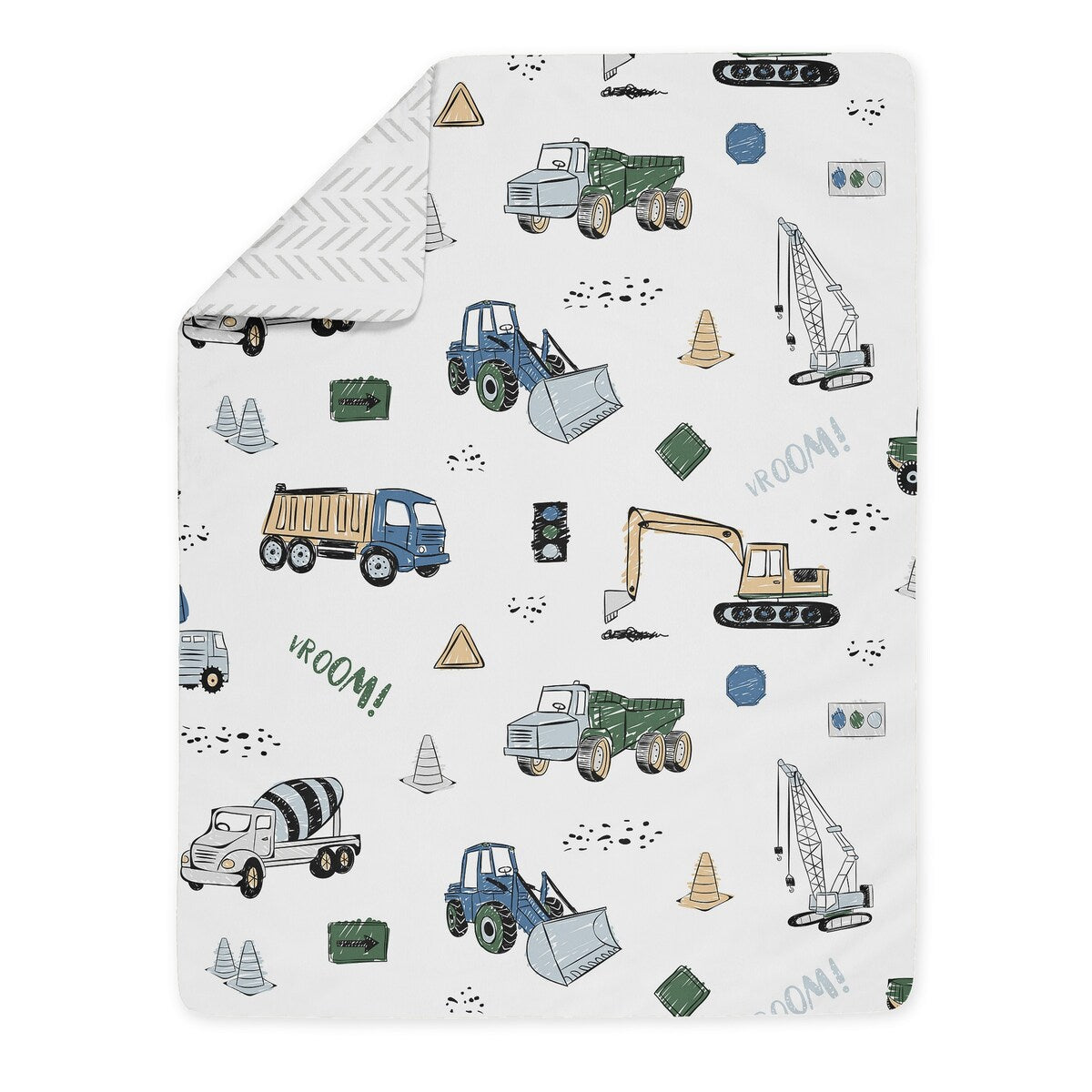 Ensemble de couette 5 pièces pour tout-petit, collection camion de construction, gris, jaune, noir, bleu et vert, motif chevron et flèche
