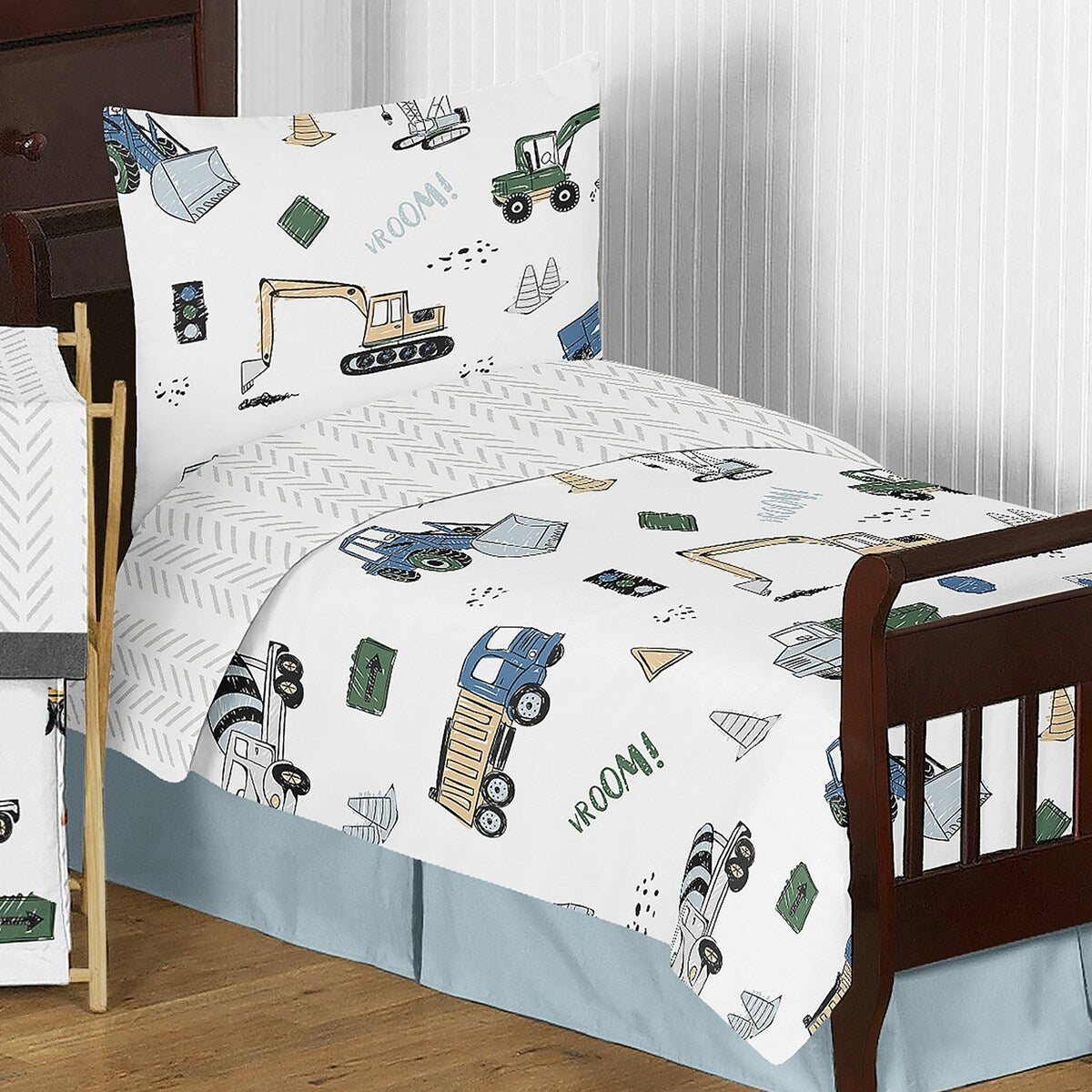Ensemble de couette 5 pièces pour tout-petit, collection camion de construction, gris, jaune, noir, bleu et vert, motif chevron et flèche