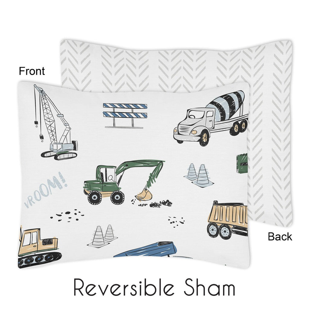Ensemble de couette 5 pièces pour tout-petit, collection camion de construction, gris, jaune, noir, bleu et vert, motif chevron et flèche