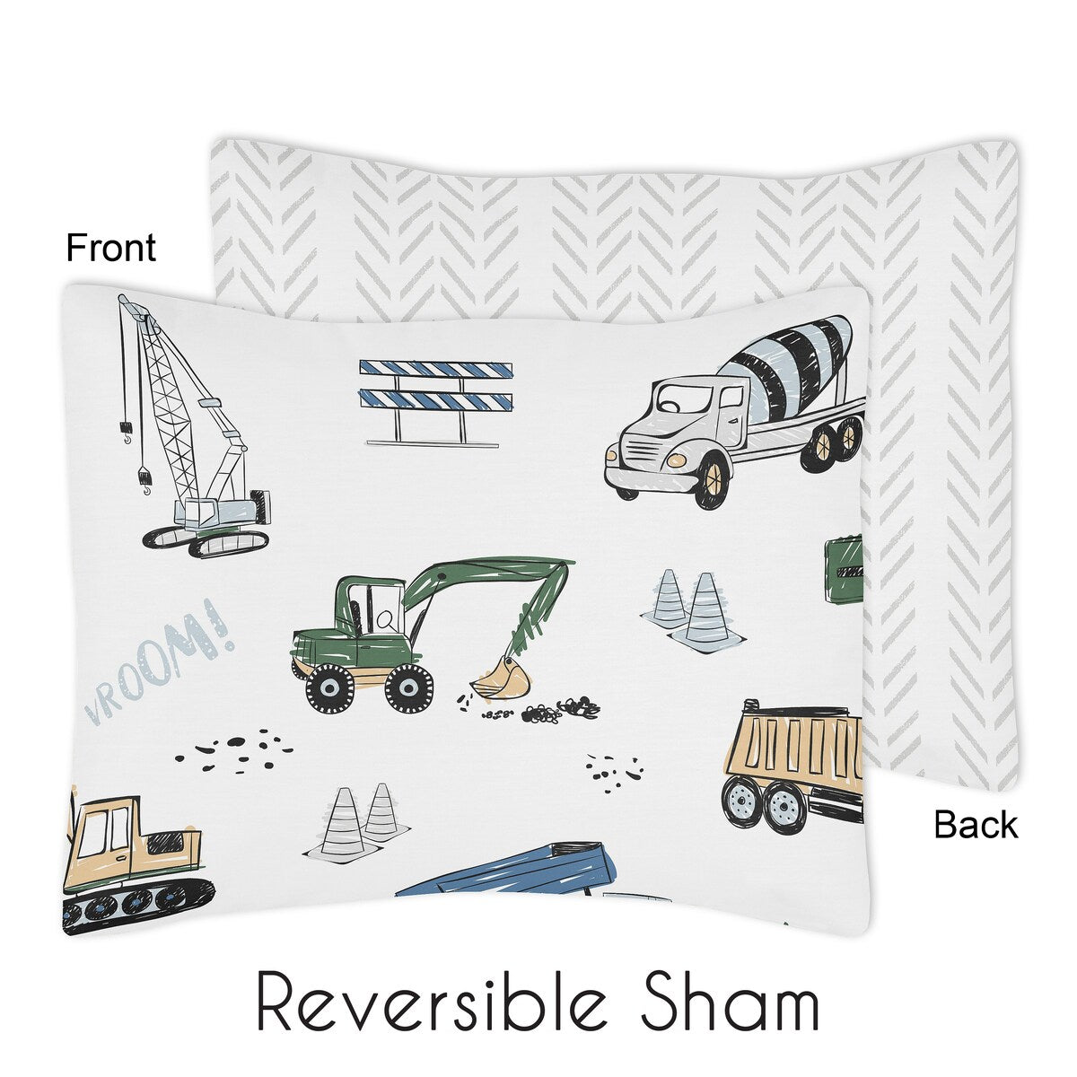 Ensemble de couette 5 pièces pour tout-petit, collection camion de construction, gris, jaune, noir, bleu et vert, motif chevron et flèche