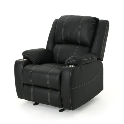 Fauteuil inclinable manuel contemporain avec porte-gobelets en acier, cuir synthétique moelleux et inclinaison réglable