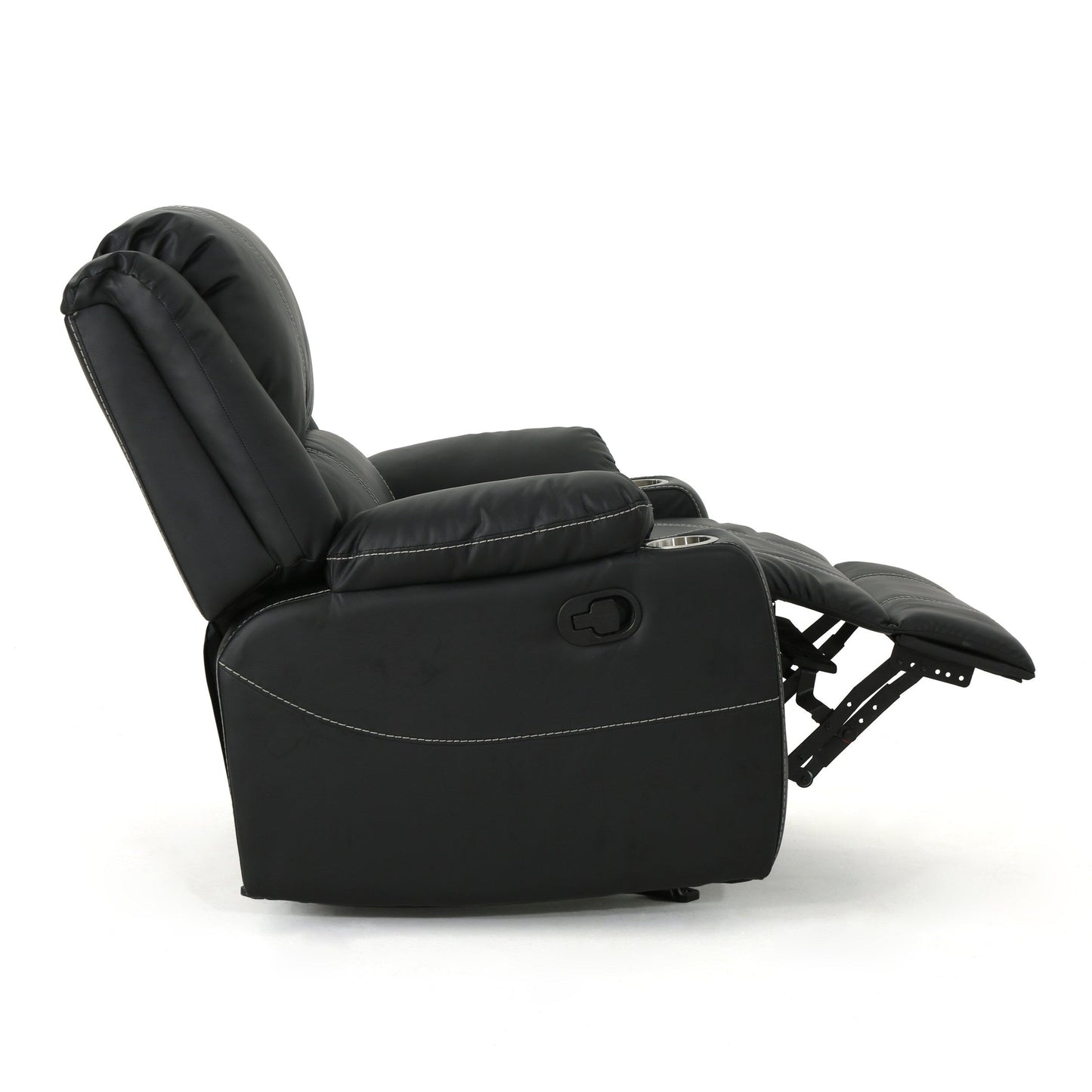 Fauteuil inclinable manuel contemporain avec porte-gobelets en acier, cuir synthétique moelleux et inclinaison réglable