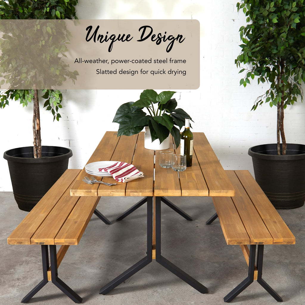 Ensemble de salle à manger contemporain 3 pièces en bois d'acacia naturel SEI Furniture avec table à manger et bancs