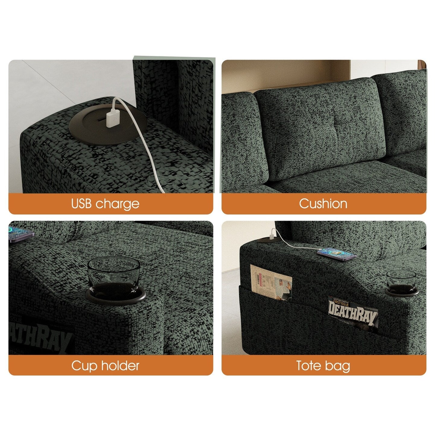 Canapé convertible combiné, canapé en L avec repose-pieds et rangement, canapé combiné 3 places