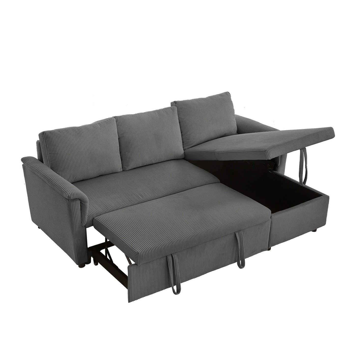 Canapé-lit convertible modulaire en velours côtelé avec méridienne de rangement et dossier inclinable pour le salon
