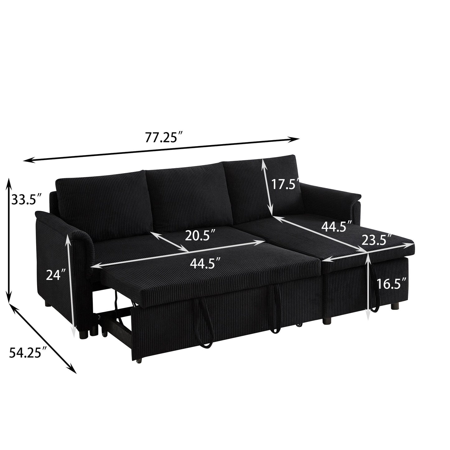 Canapé-lit convertible modulaire en velours côtelé avec méridienne de rangement et dossier inclinable pour le salon
