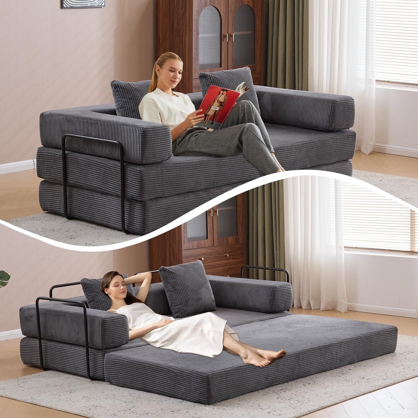 Canapé-lit convertible avec dossier coussiné en tissu chenille pour salon et chambre à coucher