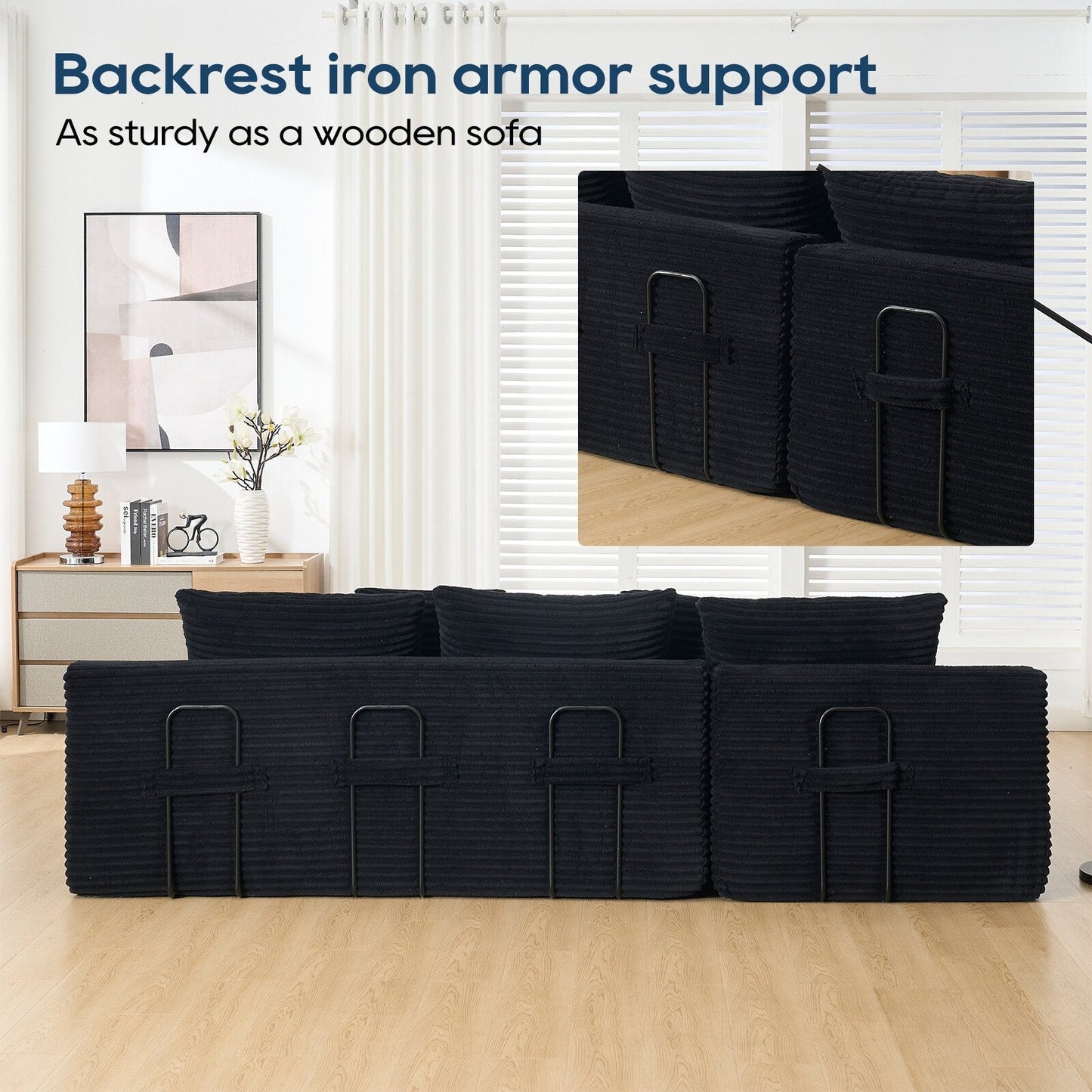 Canapé convertible sectionnel en velours côtelé en forme de L, canapé modulaire 3 places avec cadre en acier pour chambres et home cinéma