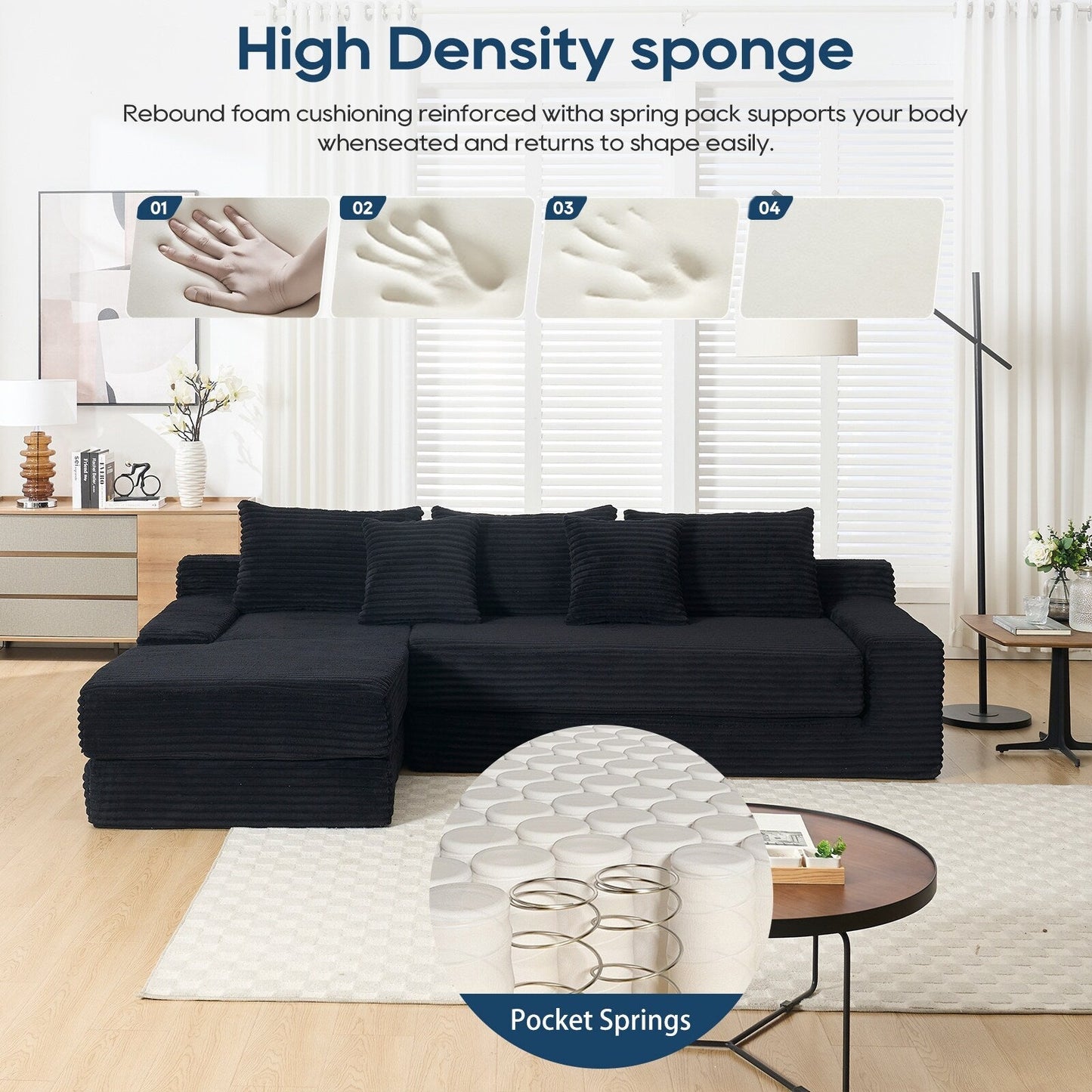 Canapé convertible sectionnel en velours côtelé en forme de L, canapé modulaire 3 places avec cadre en acier pour chambres et home cinéma
