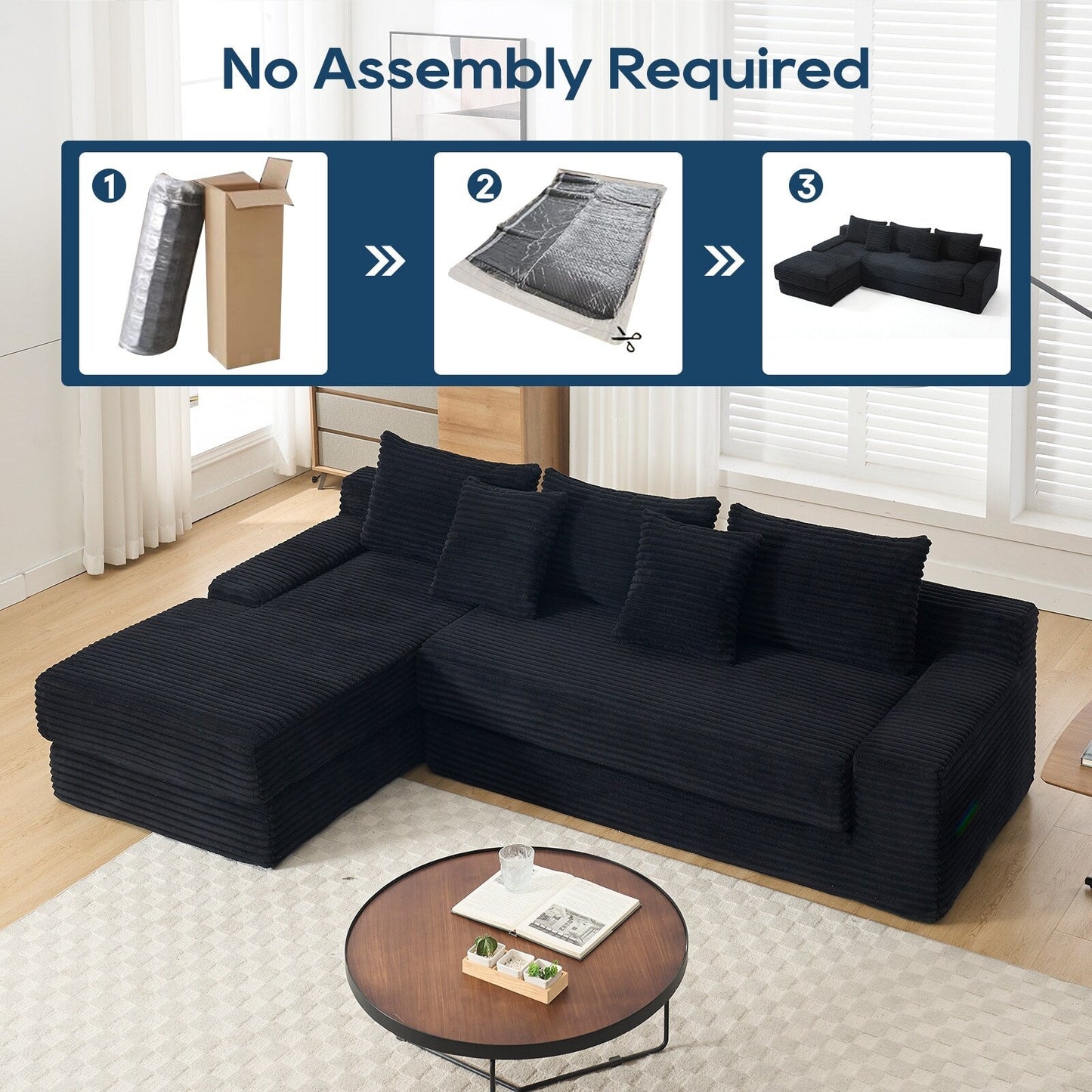 Canapé convertible sectionnel en velours côtelé en forme de L, canapé modulaire 3 places avec cadre en acier pour chambres et home cinéma