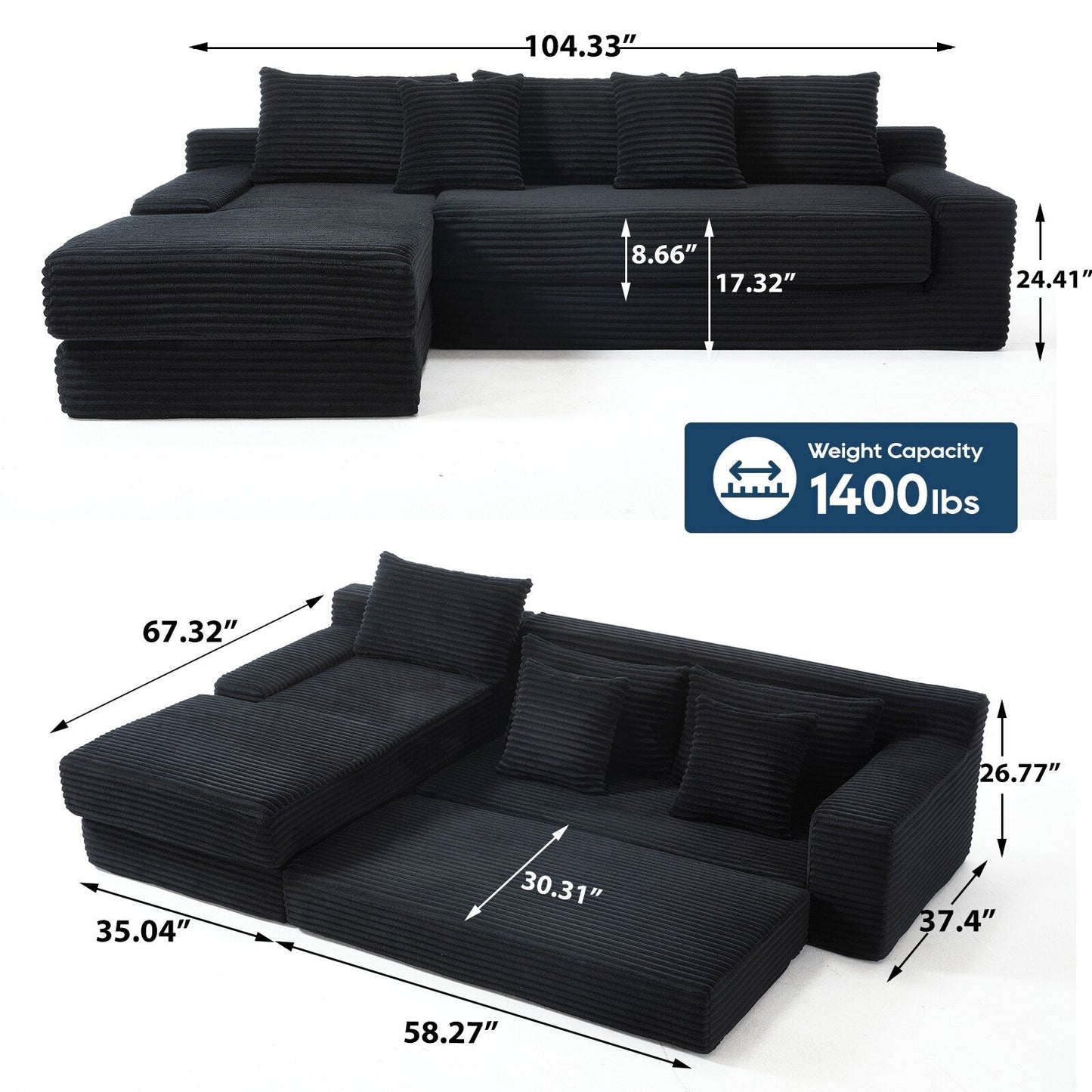 Canapé convertible sectionnel en velours côtelé en forme de L, canapé modulaire 3 places avec cadre en acier pour chambres et home cinéma