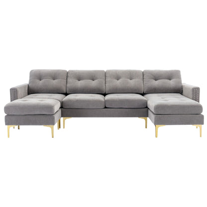 Canapé sectionnel convertible en velours en forme de L avec pouf amovible et pieds en métal doré pour le salon