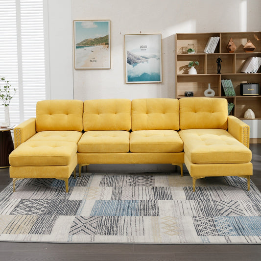 Canapé sectionnel convertible en velours en forme de L avec pouf amovible et pieds en métal doré pour le salon