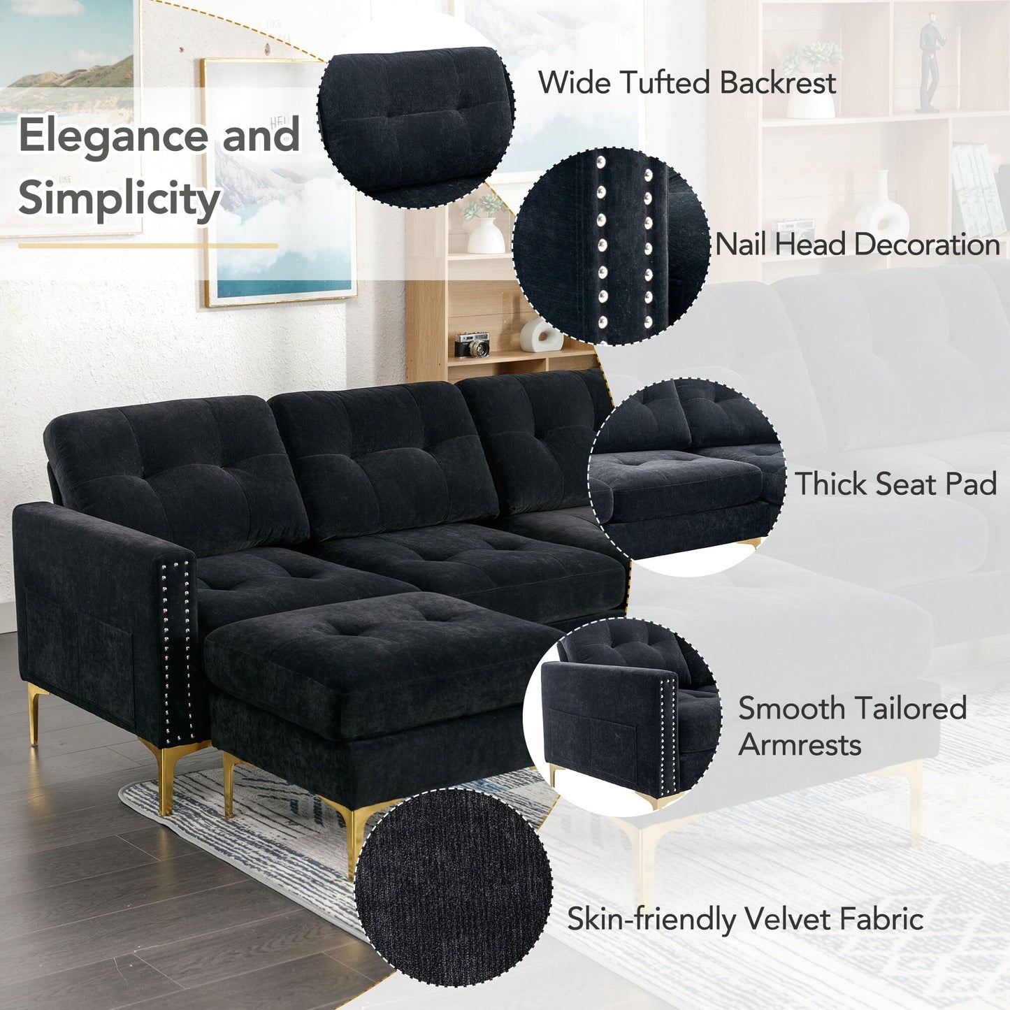 Canapé sectionnel convertible en velours en forme de L avec pouf amovible et pieds en métal doré pour le salon