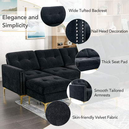 Canapé sectionnel convertible en velours en forme de L avec pouf amovible et pieds en métal doré pour le salon
