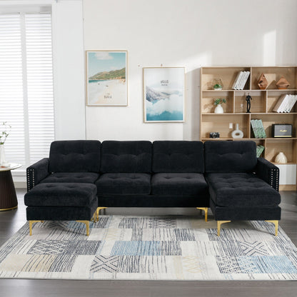 Canapé sectionnel convertible en velours en forme de L avec pouf amovible et pieds en métal doré pour le salon