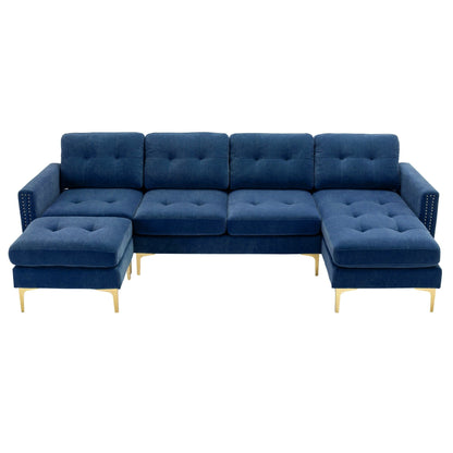 Canapé sectionnel convertible en velours en forme de L avec pouf amovible et pieds en métal doré pour le salon