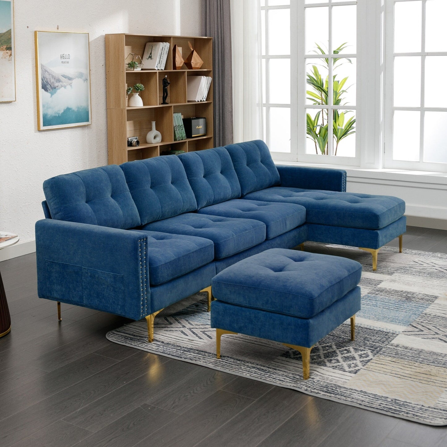 Canapé sectionnel convertible en velours en forme de L avec pouf amovible et pieds en métal doré pour le salon
