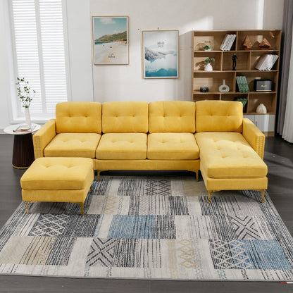 Canapé sectionnel convertible en velours en forme de L avec pouf amovible et pieds en métal doré pour le salon