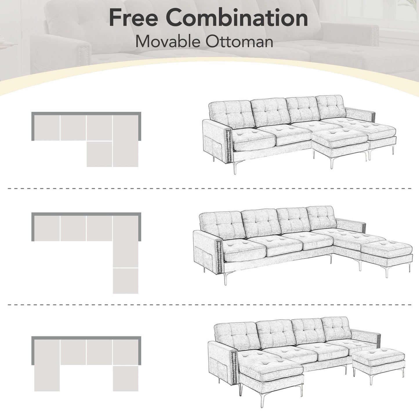 Canapé sectionnel convertible en velours en forme de L avec pouf amovible et pieds en métal doré pour le salon