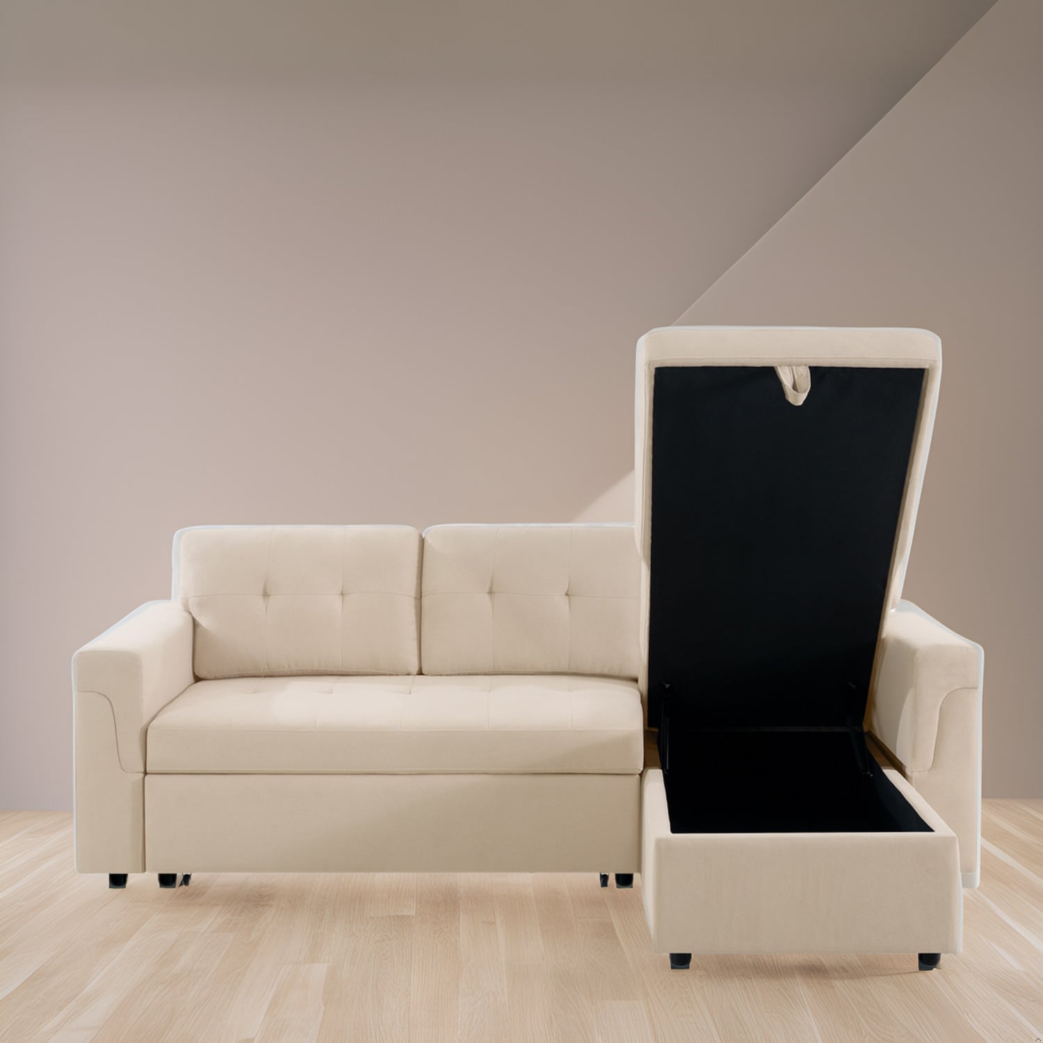 Canapé sectionnel convertible réversible avec lit gigogne, méridienne avec rangement dissimulé et pieds robustes