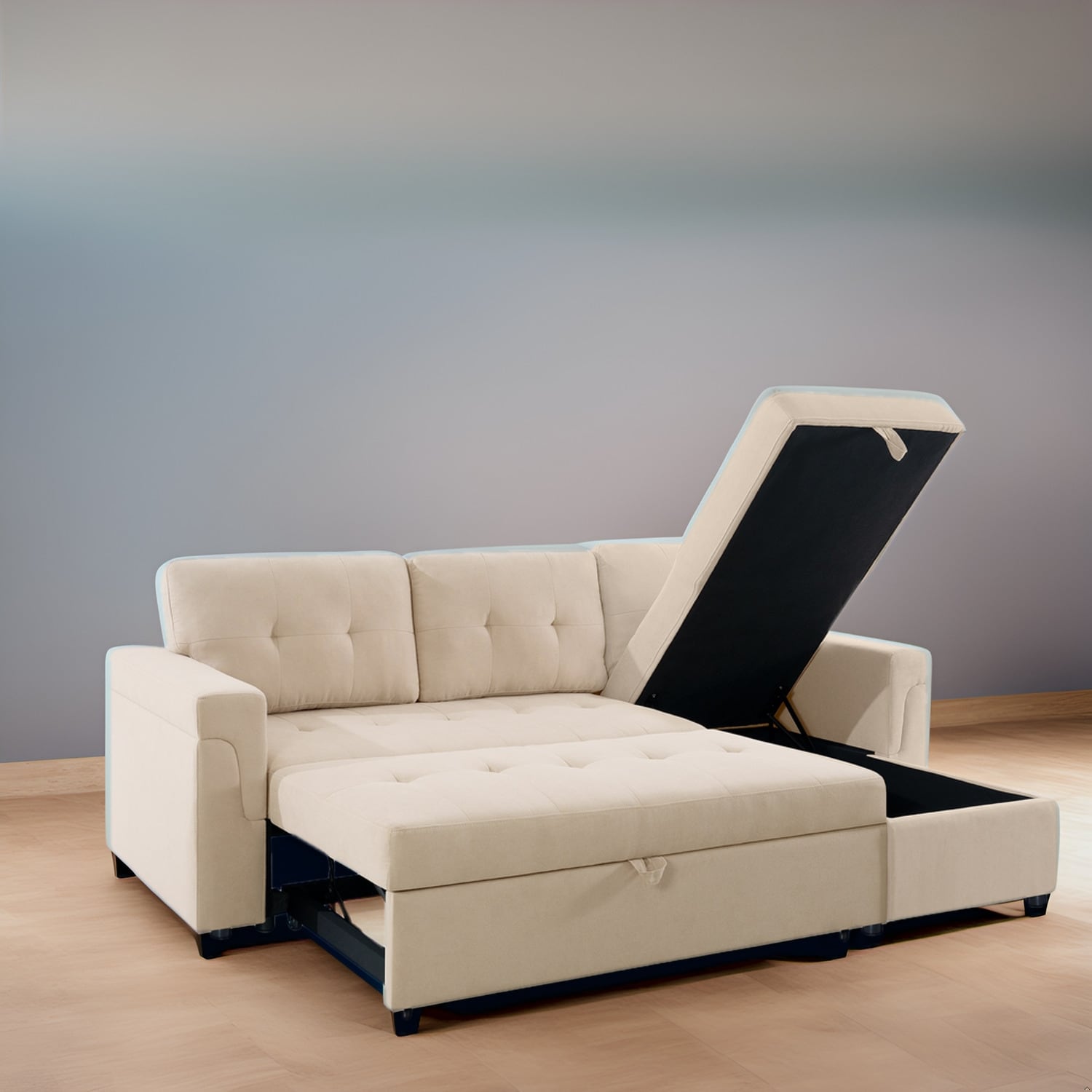 Canapé sectionnel convertible réversible avec lit gigogne, méridienne avec rangement dissimulé et pieds robustes