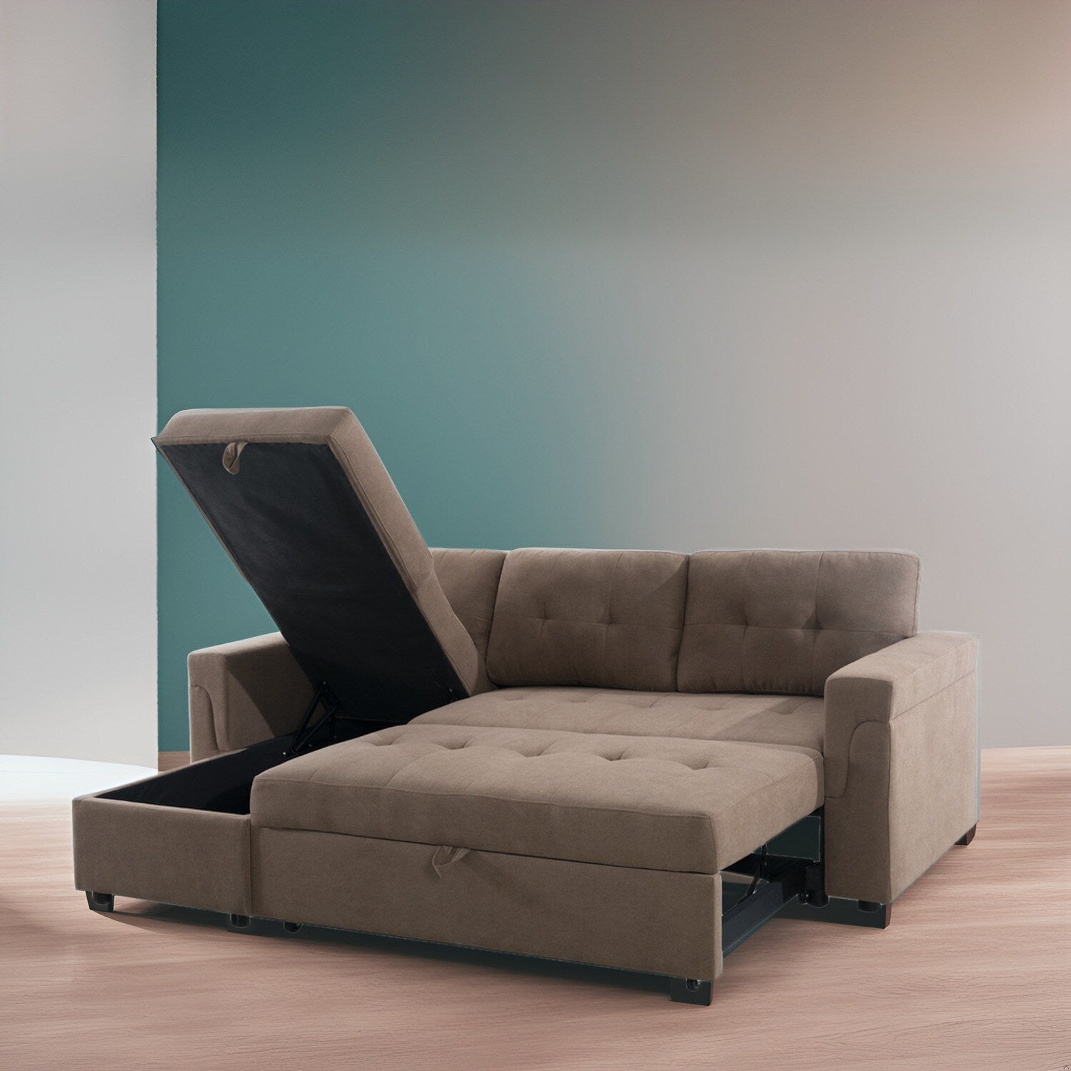 Canapé sectionnel convertible réversible avec lit gigogne, méridienne avec rangement dissimulé et pieds robustes